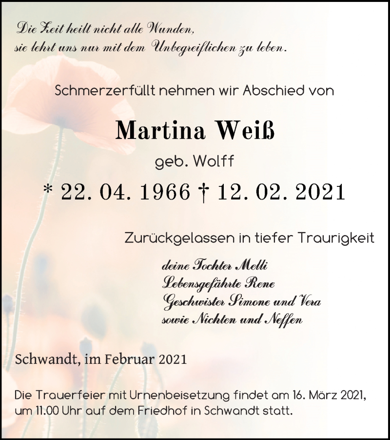  Traueranzeige für Martina Weiß vom 05.03.2021 aus Neubrandenburger Zeitung