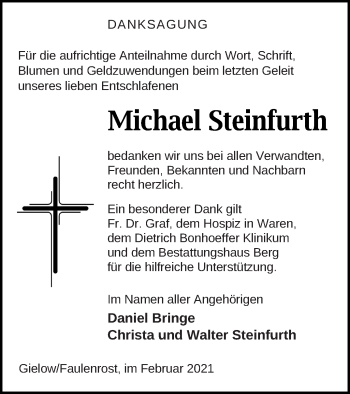 Traueranzeige von Michael Steinfurth von Mecklenburger Schweiz