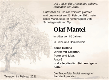 Traueranzeige von Olaf Mantei von Vorpommern Kurier