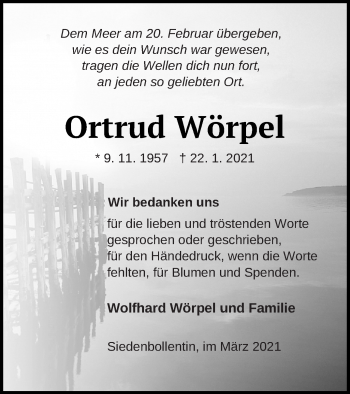 Traueranzeige von Ortrud Wörpel von Demminer Zeitung