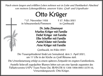 Traueranzeige von Otto Krüger von Vorpommern Kurier