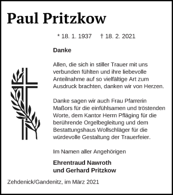 Traueranzeige von Paul Pritzkow von Templiner Zeitung