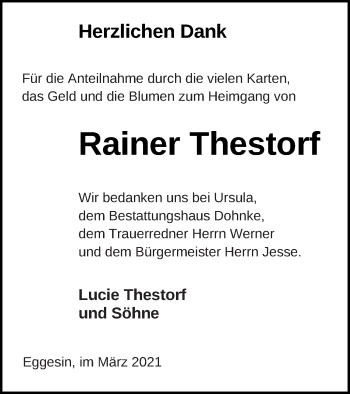 Traueranzeige von Rainer Thestorf von Haff-Zeitung