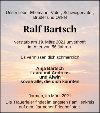 Traueranzeige von Ralf Bartsch von Vorpommern Kurier