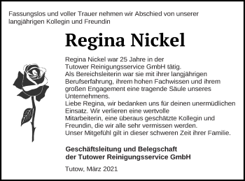 Traueranzeige von Regina Nickel von Demminer Zeitung