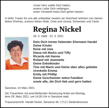 Traueranzeige von Regina Nickel von Vorpommern Kurier