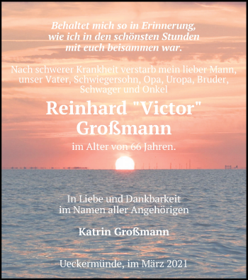 Traueranzeige von Reinhard Großmann von Haff-Zeitung