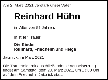 Traueranzeige von Reinhard Hühn von Pasewalker Zeitung