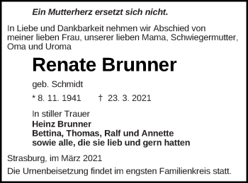 Traueranzeige von Renate Brunner von Pasewalker Zeitung