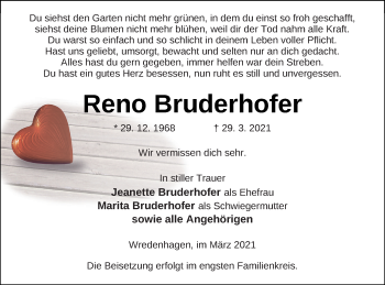 Traueranzeige von Reno Bruderhofer von Müritz-Zeitung