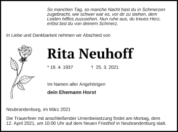 Traueranzeige von Rita Neuhoff von Neubrandenburger Zeitung