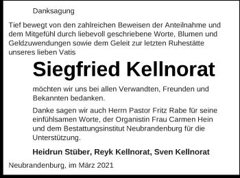 Traueranzeige von Siegfried Kellnorat von Neubrandenburger Zeitung