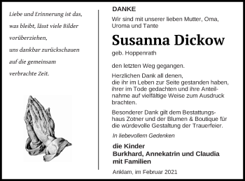 Traueranzeige von Susanna Dickow von Vorpommern Kurier