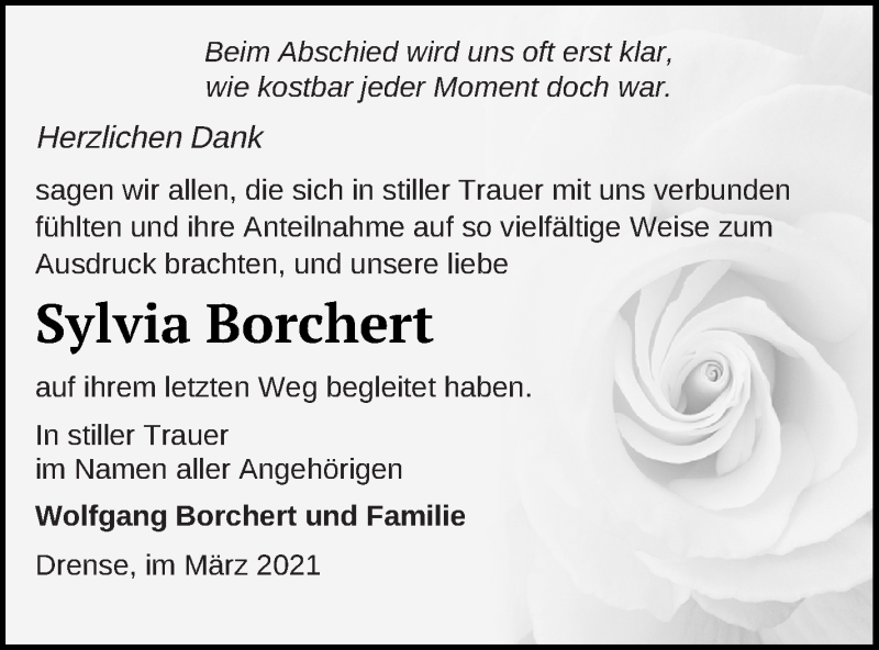  Traueranzeige für Sylvia Borchert vom 26.03.2021 aus Prenzlauer Zeitung