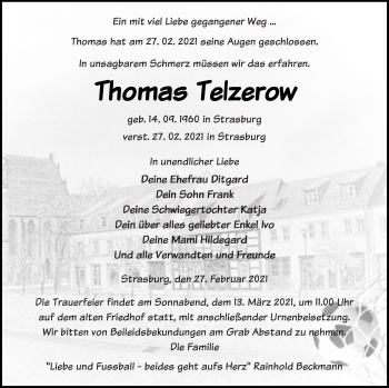 Traueranzeige von Thomas Telzerow von Neubrandenburger Zeitung