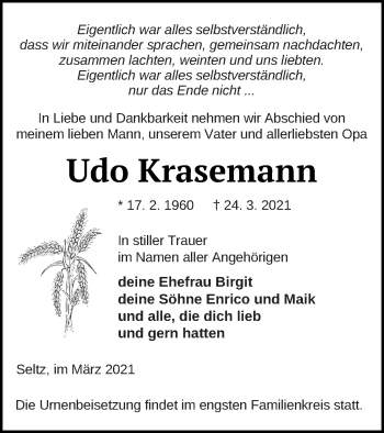 Traueranzeige von Udo Krasemann von Neubrandenburger Zeitung