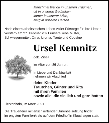 Traueranzeige von Ursel Kemnitz von Templiner Zeitung