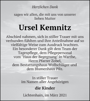 Traueranzeige von Ursel Kemnitz von Templiner Zeitung