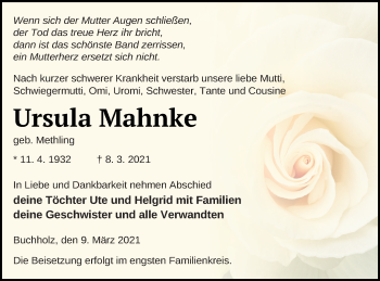 Traueranzeige von Ursula Mahnke von Müritz-Zeitung