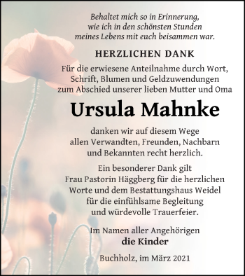 Traueranzeige von Ursula Mahnke von Müritz-Zeitung