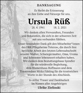 Traueranzeige von Ursula Rüß von Mecklenburger Schweiz