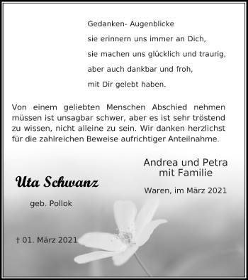 Traueranzeige von Uta Schwanz von Müritz-Zeitung