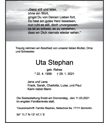 Traueranzeige von Uta Stephan von Demminer Zeitung