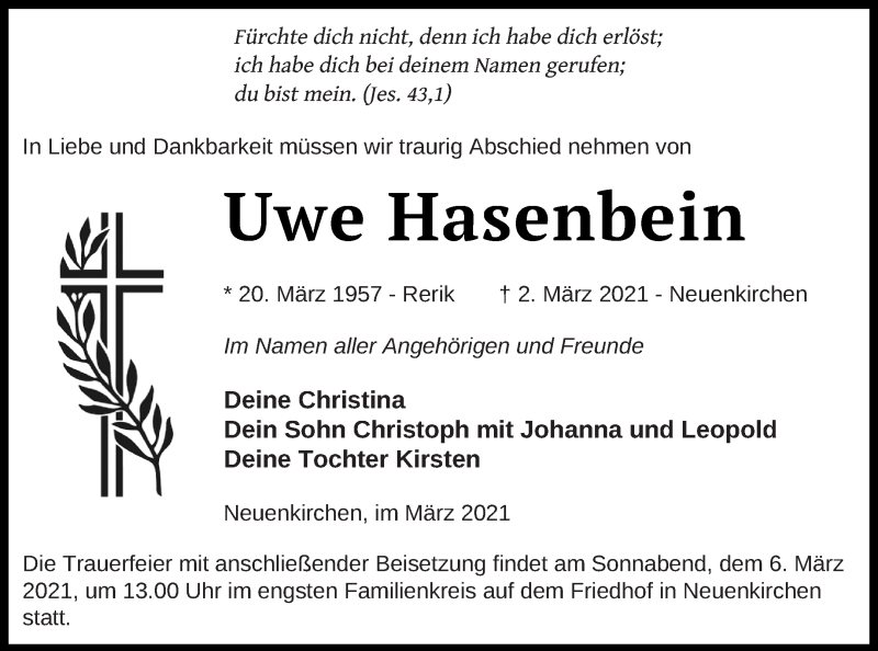  Traueranzeige für Uwe Hasenbein vom 04.03.2021 aus Vorpommern Kurier