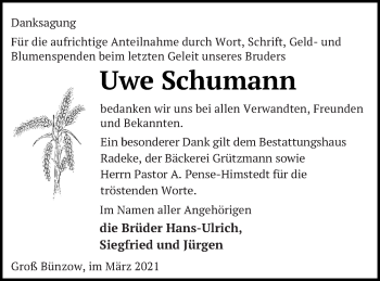 Traueranzeige von Uwe Schumann von Vorpommern Kurier