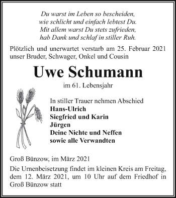 Traueranzeige von Uwe Schumann von Vorpommern Kurier