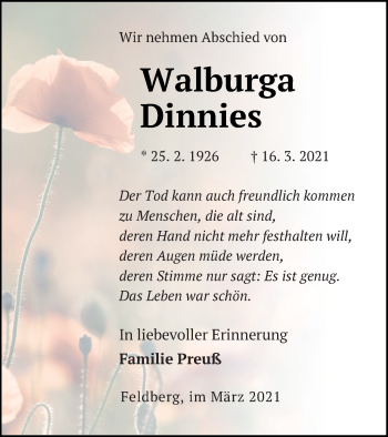 Traueranzeige von Walburga Dinnies von Strelitzer Zeitung