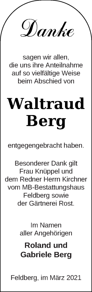 Traueranzeige von Waltraud Berg von Strelitzer Zeitung