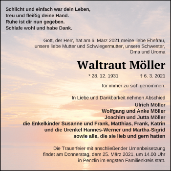 Traueranzeige von Waltraut Möller von Müritz-Zeitung