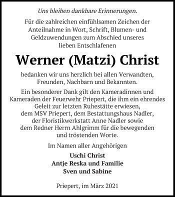 Traueranzeige von Werner Christ von Strelitzer Zeitung