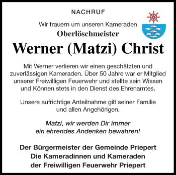 Traueranzeige von Werner Christ von Strelitzer Zeitung