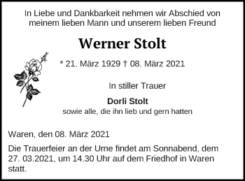 Traueranzeige von Werner Stolt von Müritz-Zeitung