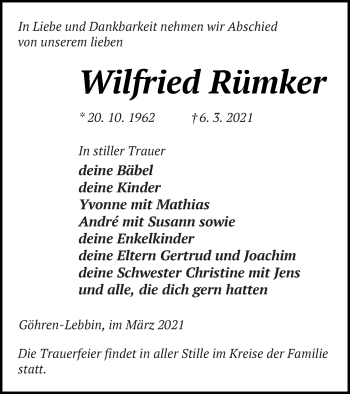 Traueranzeige von Wilfried Rümker von Müritz-Zeitung