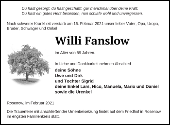 Traueranzeige von Willi Fanslow von Neubrandenburger Zeitung