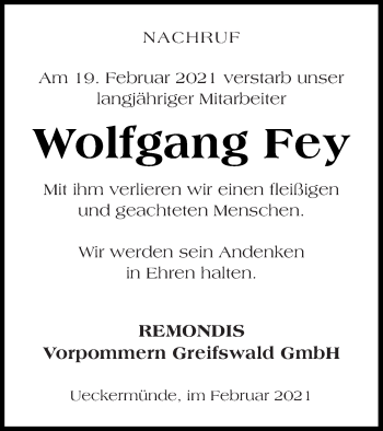 Traueranzeige von Wolfgang Fey von Haff-Zeitung