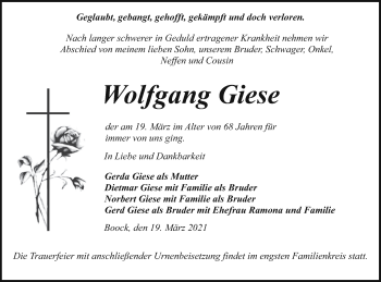 Traueranzeige von Wolfgang Giese von Pasewalker Zeitung