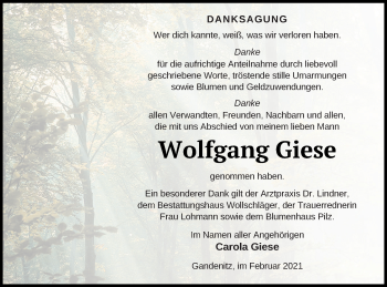 Traueranzeige von Wolfgang Giese von Templiner Zeitung