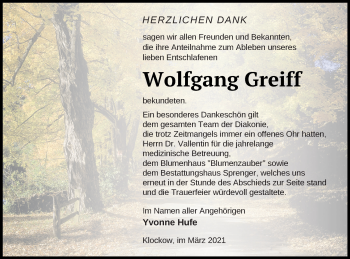 Traueranzeige von Wolfgang Greiff von Prenzlauer Zeitung