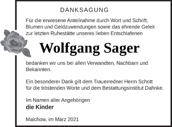 Traueranzeige von Wolfgang Sager von Müritz-Zeitung
