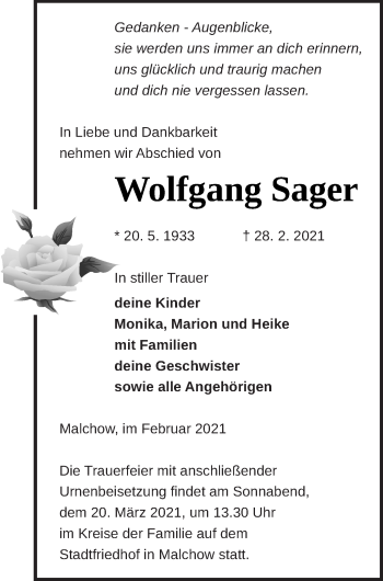 Traueranzeige von Wolfgang Sager von Müritz-Zeitung