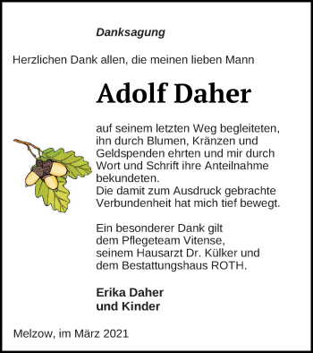 Traueranzeige von Adolf Daher von Prenzlauer Zeitung