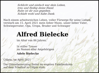 Traueranzeige von Alfred Bielecke von Neubrandenburger Zeitung