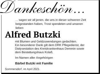 Traueranzeige von Alfred Butzki von Demminer Zeitung