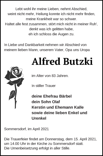 Traueranzeige von Alfred Butzki von Demminer Zeitung