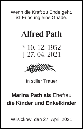 Traueranzeige von Alfred Path von Pasewalker Zeitung