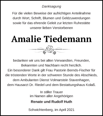 Traueranzeige von Amalie Tiedemann von Demminer Zeitung